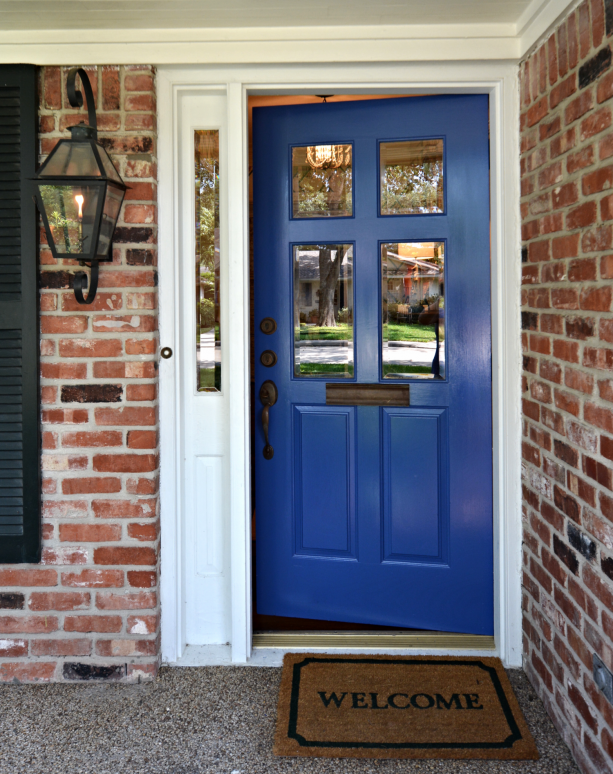 Benjamin Moore Blue Suede Shoes front door with white sidelight