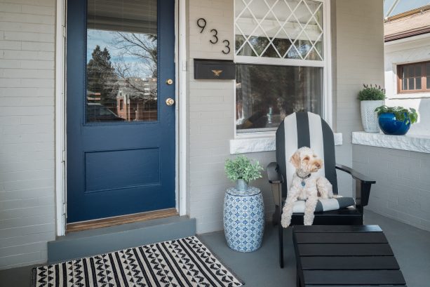eclectic front door with Sherwin Williams Naval paint
