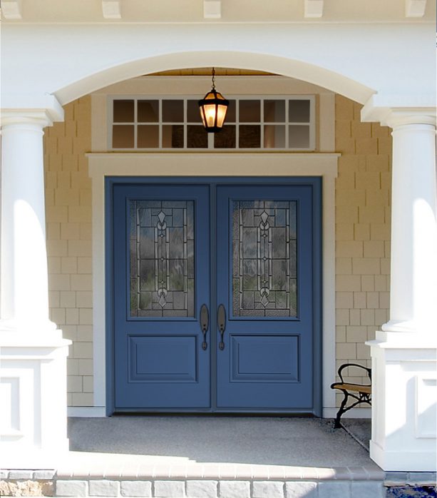traditional double front door with Benjamin Moore Blueberry Hill paint