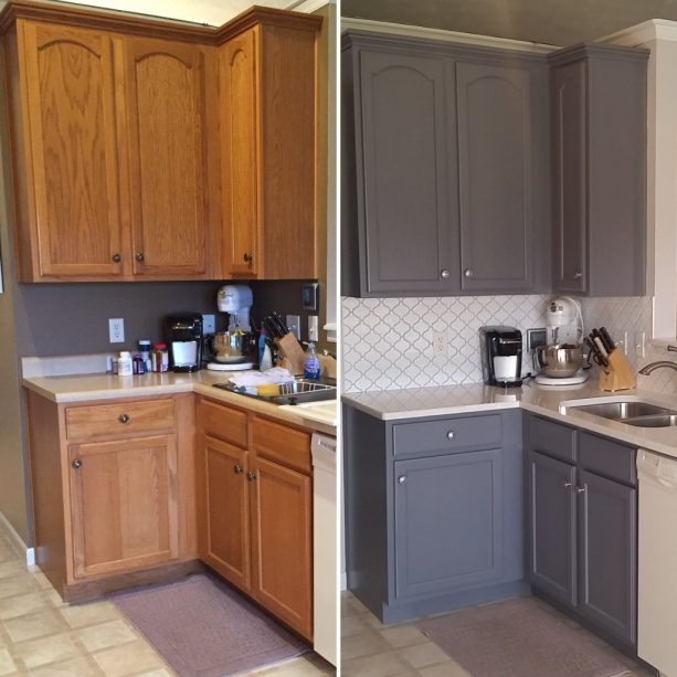 honey oak cabinets get a new appearance with grey paint