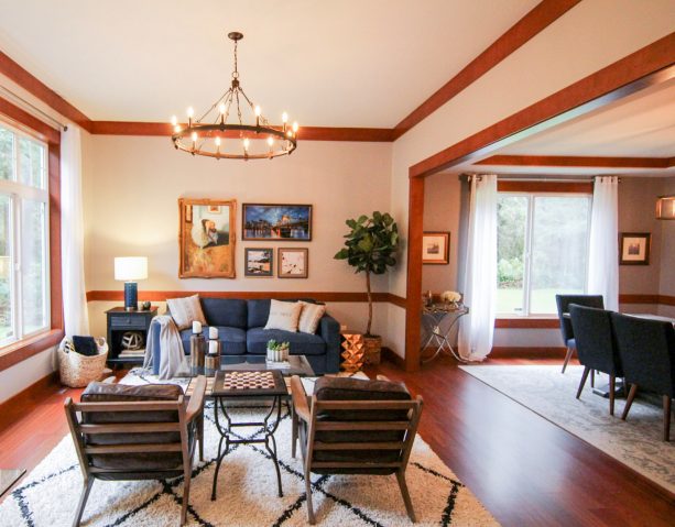 stained wood crown molding in a beautiful craftsman living room