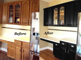 updating the look of honey oak cabinets with black color