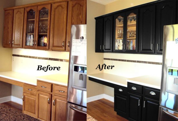 updating the look of honey oak cabinets with black color