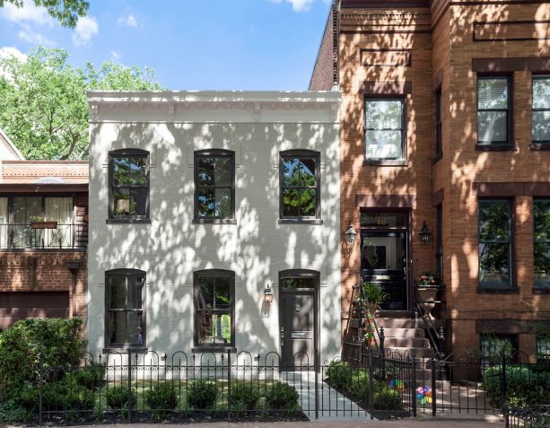 soot grey trim as a match for a white brick home exterior