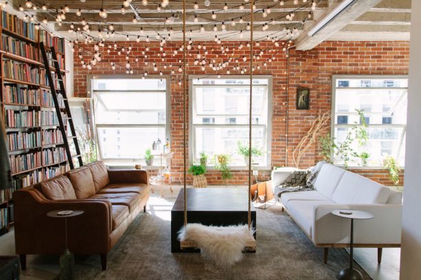 string bulbs to add charm to an industrial farmhouse living room
