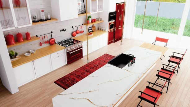 another view of the contemporary kitchen for a clearer look to the black and red decorative details