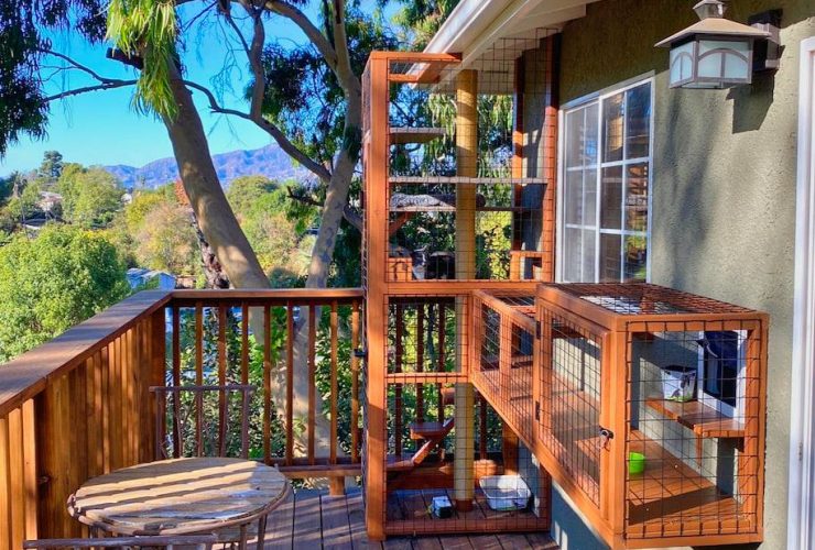 a small cat enclosure with tunnel connected to the kitchen of the house