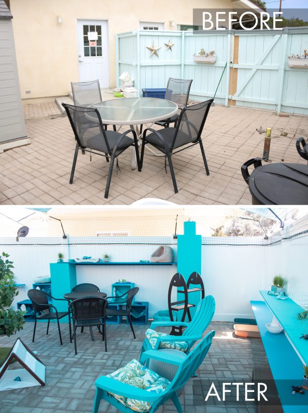 the before and after picture of the catio and the cat enclosure