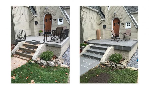 front steps looking neater after getting a makeover with new flagstone material