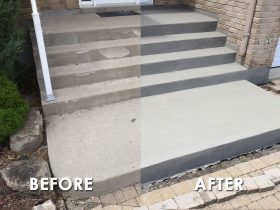 the before and after photo of a simple concrete steps resurfacing project with thin cement overlay