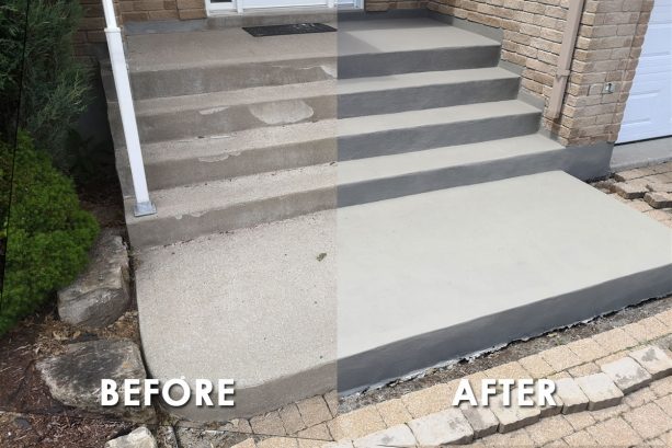 the before and after photo of a simple concrete steps resurfacing project with thin cement overlay