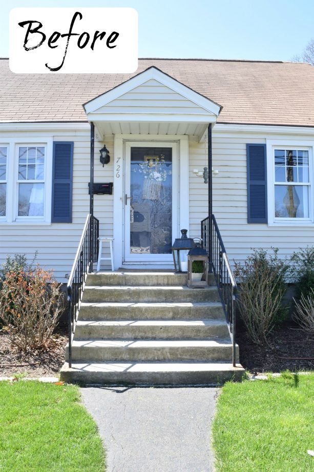 the concrete front steps and porch look too ordinary before the makeover project