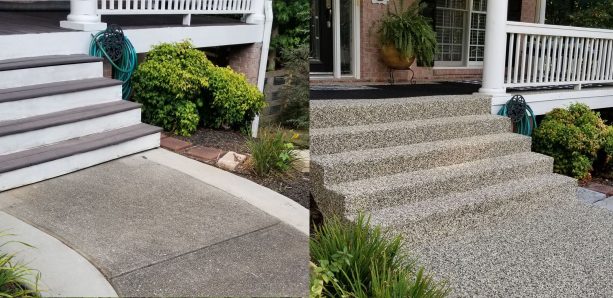 the concrete front steps get a total new look after being resurfaced with stone pebble epoxy flooring material