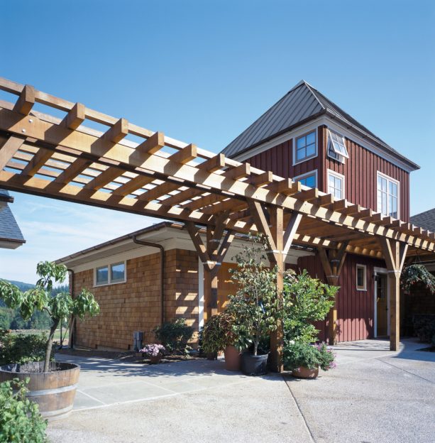 a closer look to the pergola above the walkway