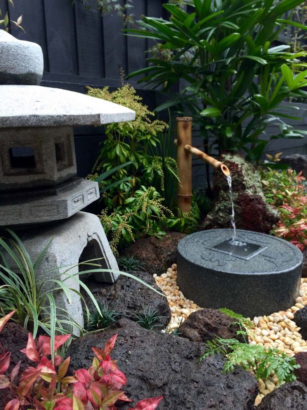 black lava rocks as base for pagoda decoration in a Japanese landscape