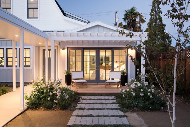 the walkway and the house view at night