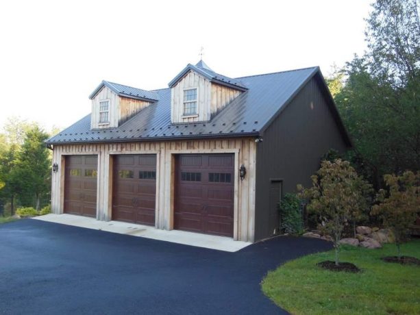 garage pole barn with dormer windows in the loft area