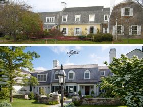 the before and after photo of the 1970s house’s front view