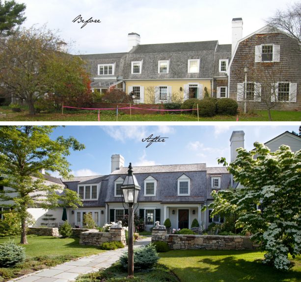 the before and after photo of the 1970s house’s front view