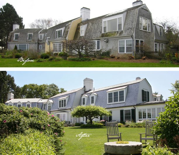 the changes shown in the before and after photo of the house rear