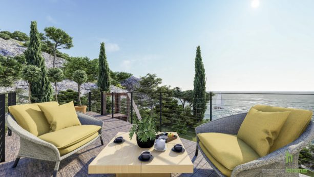 the roof deck comes with cozy furniture choices and an amazing ocean view