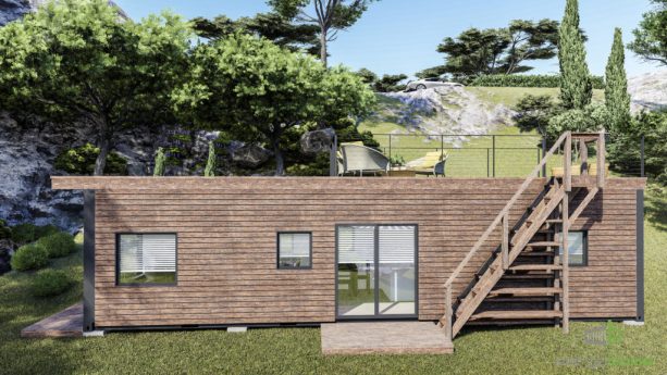 the side view of the tiny house showing the small porch and a wooden staircase to access the rooftop deck