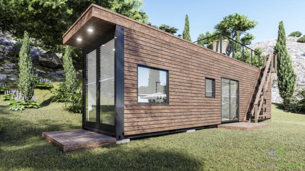 the tiny house has wood siding exterior