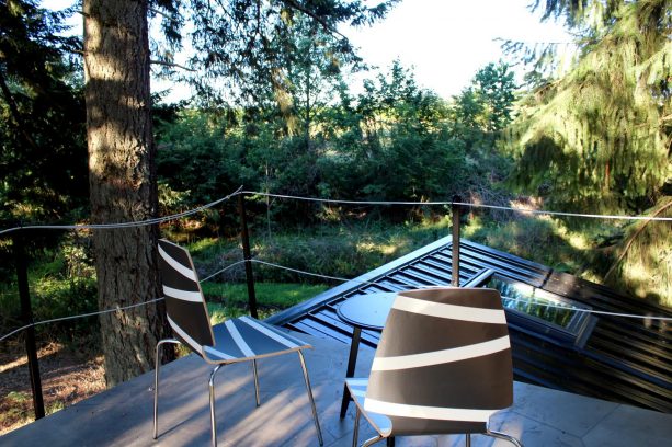 the tiny roof deck with simple rope railing