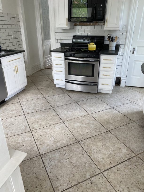 the original look of the beige builder’s grade kitchen tile