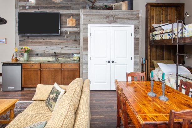 the wet bar and television in the living area