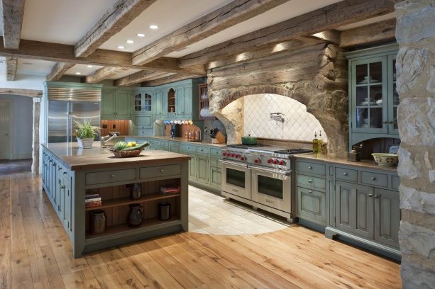 reclaimed white oak wood floor paired with warm white tile for the cooking area