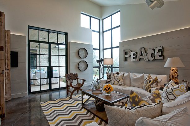 the family room with a glossy marble-like floor