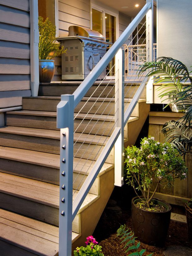 an outdoor aluminum railing with special LED light feature on the newel