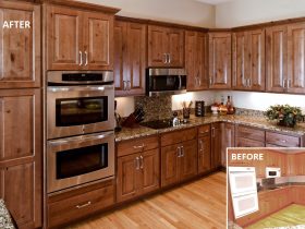 the before and after refacing photos of old oak cabinets
