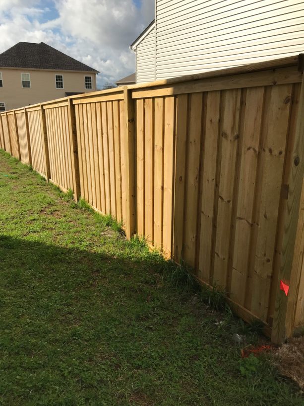 the rear view of a board on board fencing in medium wood tone