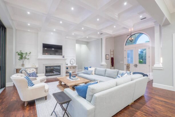 Gray Owl, beach-style living room with blue accents