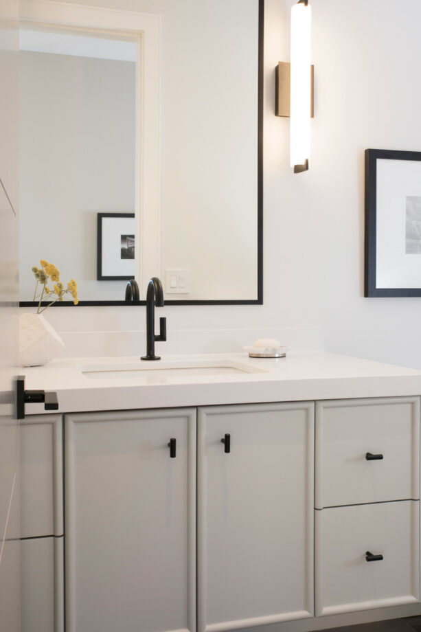 Gray Owl transitional bathroom with black accentuating details