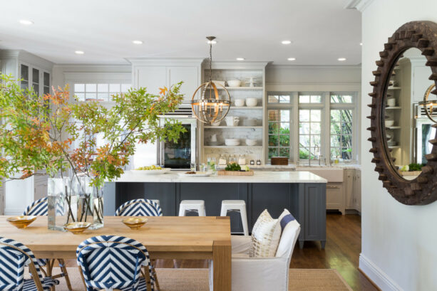 a traditional-modern, beach-style kitchen interior with Gray Owl walls and Whale Gray island