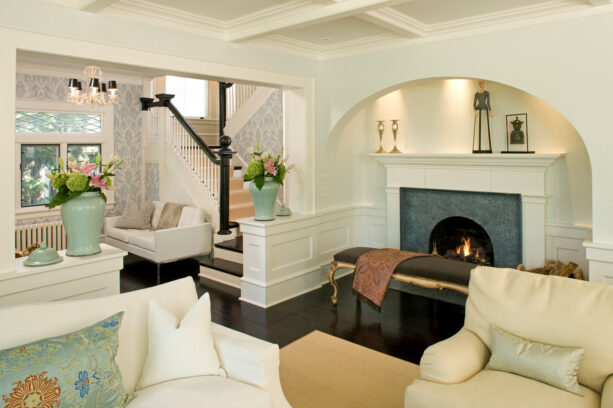 a traditional neutral interior with Gray Owl walls and deep espresso stained floor