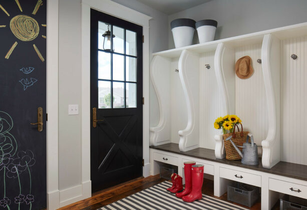 a transitional mudroom with the timeless combination of Gray Owl and Black
