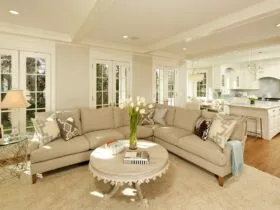 an open-style living and kitchen with Gray Owl and Snowfall White color combination