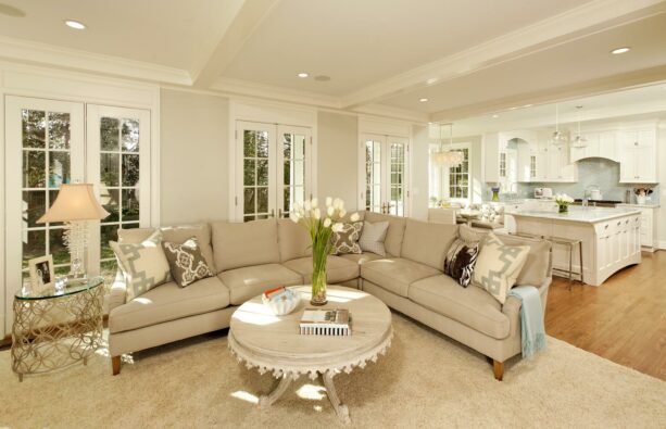 an open-style living and kitchen with Gray Owl and Snowfall White color combination