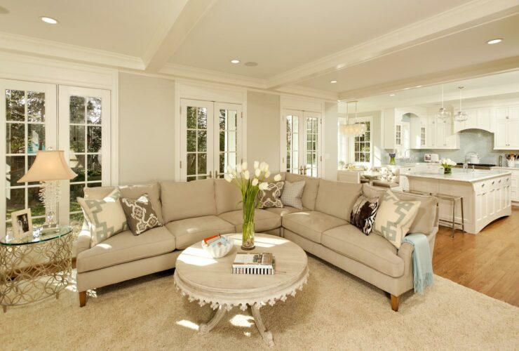 an open-style living and kitchen with Gray Owl and Snowfall White color combination