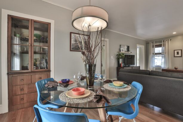 the blue chairs give a significant refreshing touch to the Gray Owl dining room